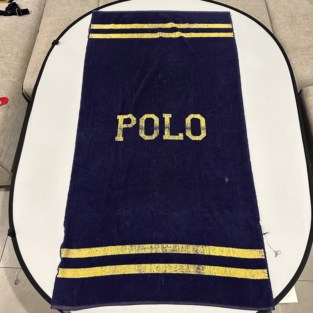 Vintage Polo Ralph Lauren‎ Towel Beach Bath Navy Blue & Yellow Striped Spellout